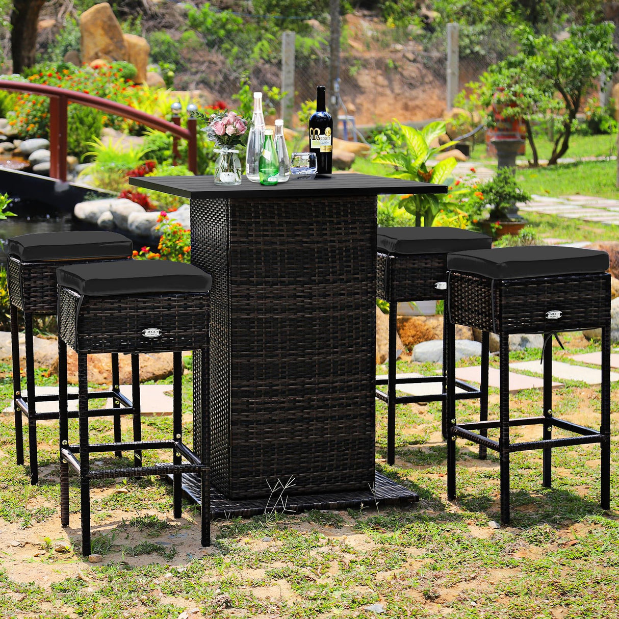 HAPPYGRILL 5 Pieces Rattan Bar Set, Outdoor Wicker Bar Table and 4 Bar Stools, Heavy-Duty Steel Frame, Patio Bar Furniture Set with Cushions, Black