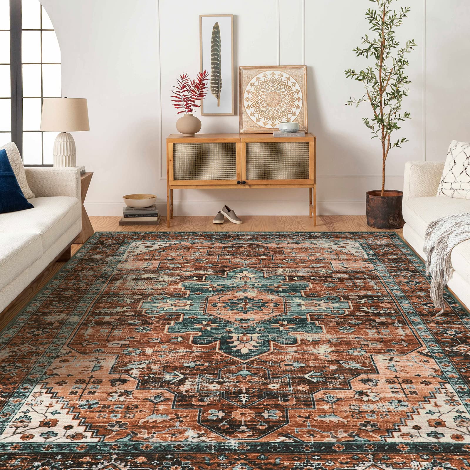 8x10 Ultra-Thin Vintage Area Rug - Oriental Print for Bedroom, Living Room