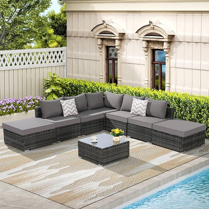 8-Piece Outdoor Patio Sectional Sofa Set with Glass Coffee Table - Light Gray Rattan