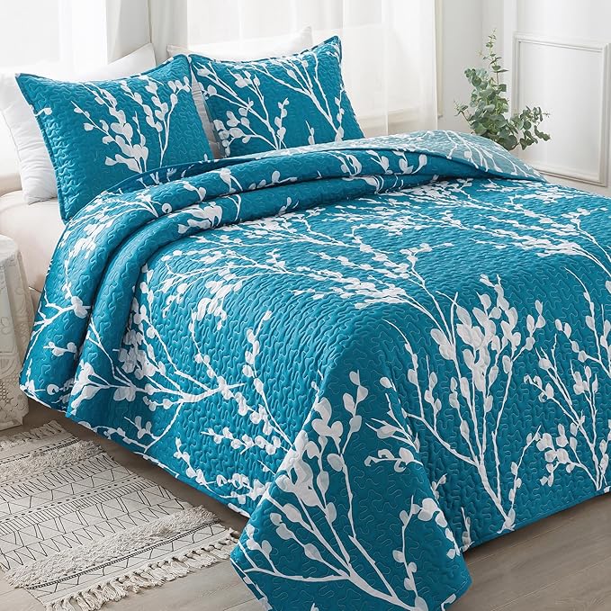 Teal Blue Quilt Queen Size (96x90 Inch), 3 Pieces Fall Floral Lightweight Bedspread
