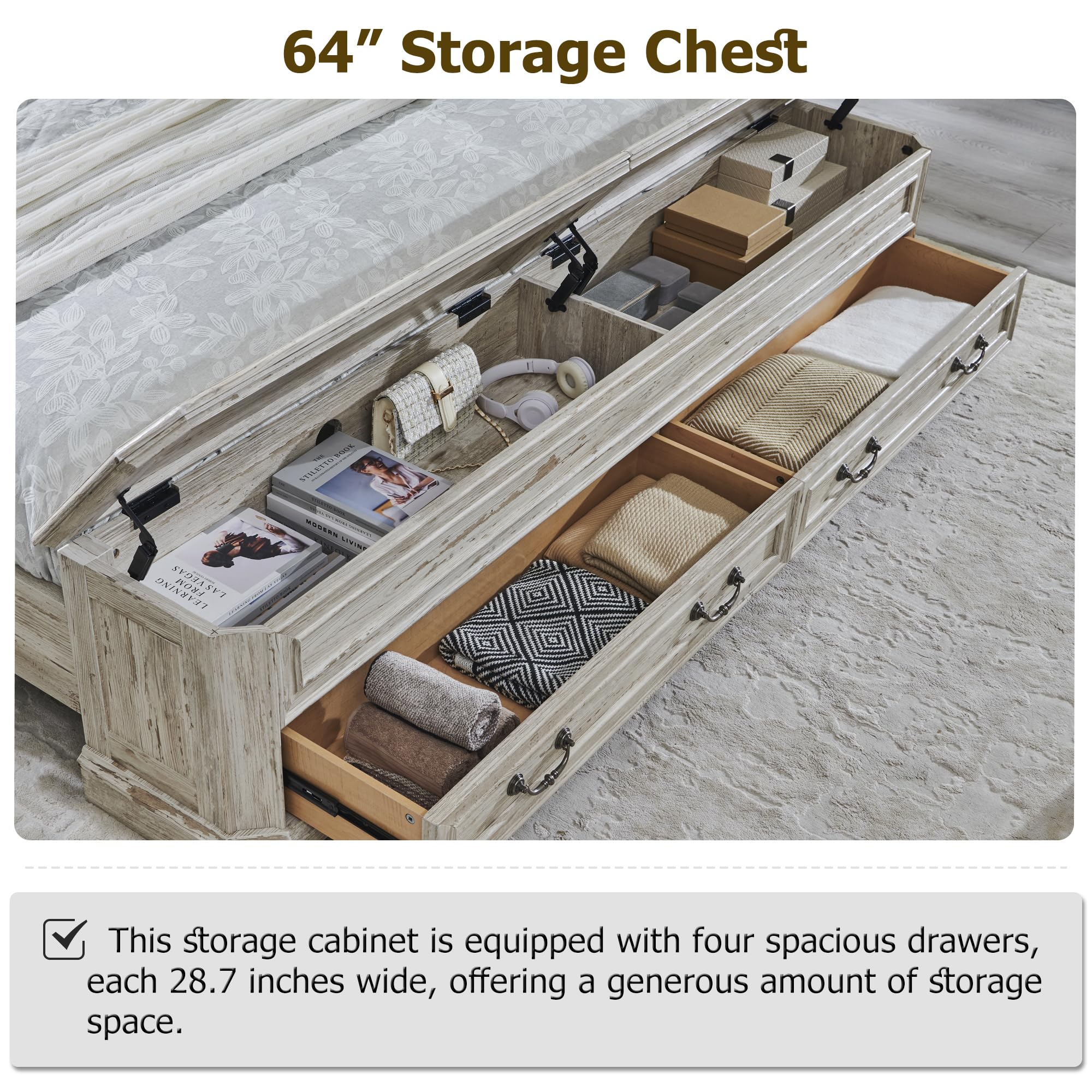 T4TREAM Farmhouse Queen Bed with Headboard & Storage Bench, Rustic Wood Platform Bed w/ 64" Storage Chest & 4 Large Drawer, Distressed White