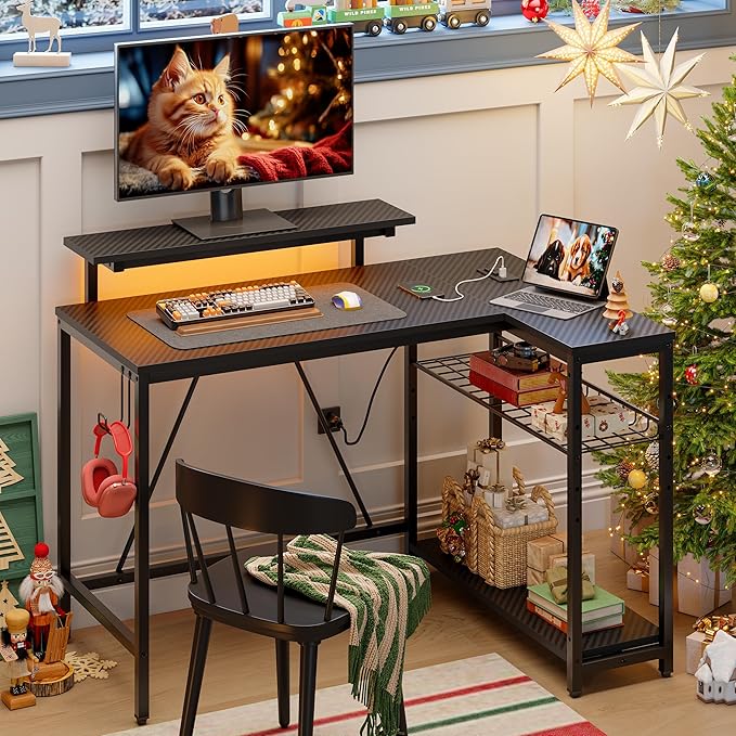 Gaming Desk with Power Outlets, 42" L-Shaped Gaming Desk with LED Lights