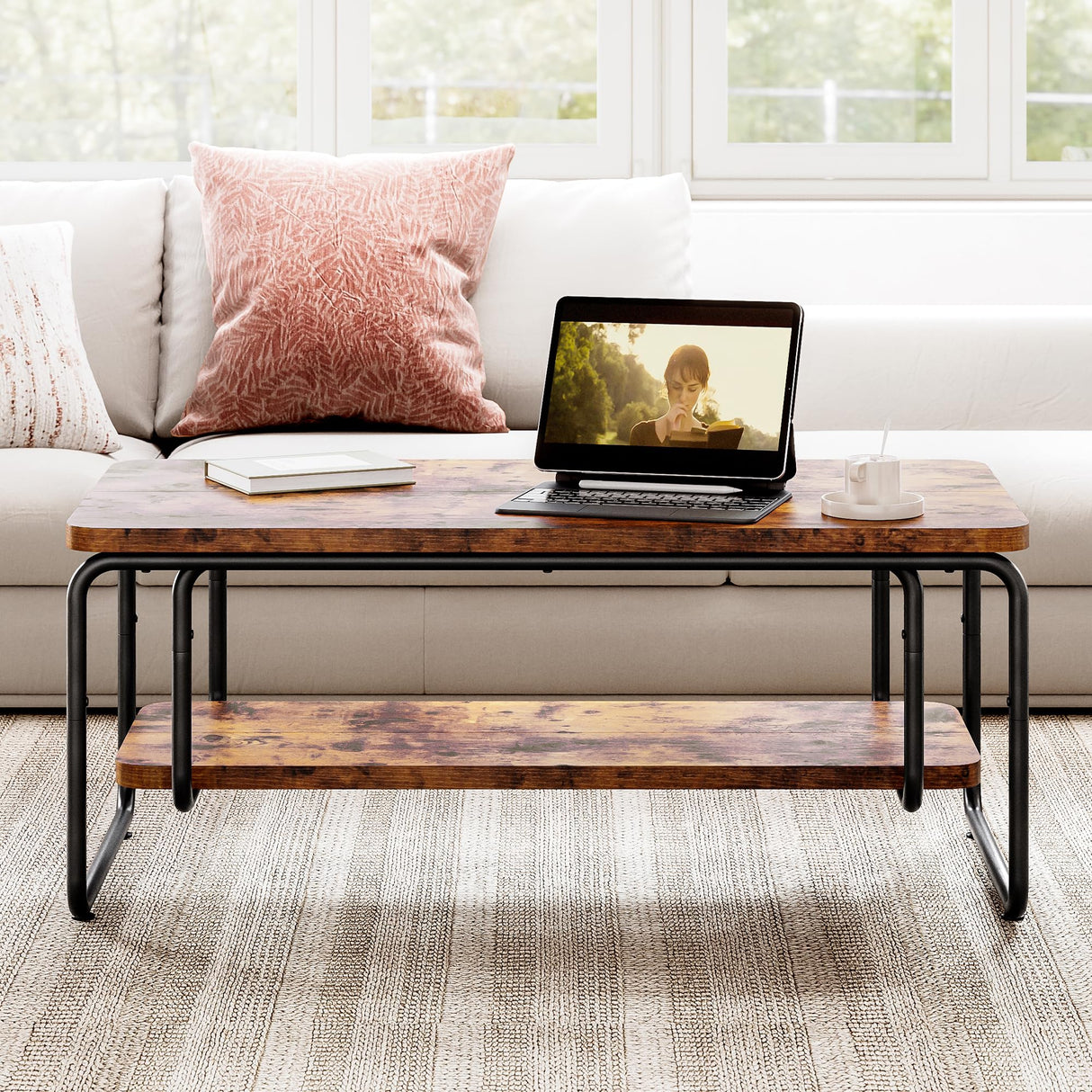 47" Coffee Table, Rectangle Coffee Table with 2-Tier Storage and Rounded Corner