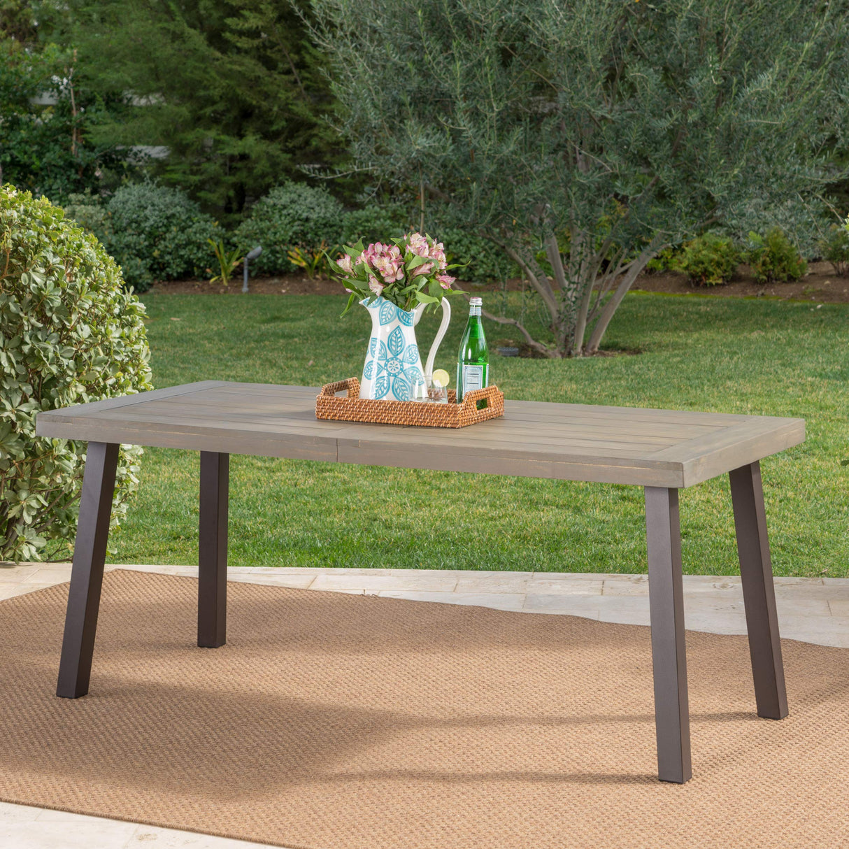 Della Outdoor Acacia Wood Dining Table with Metal Legs, Grey