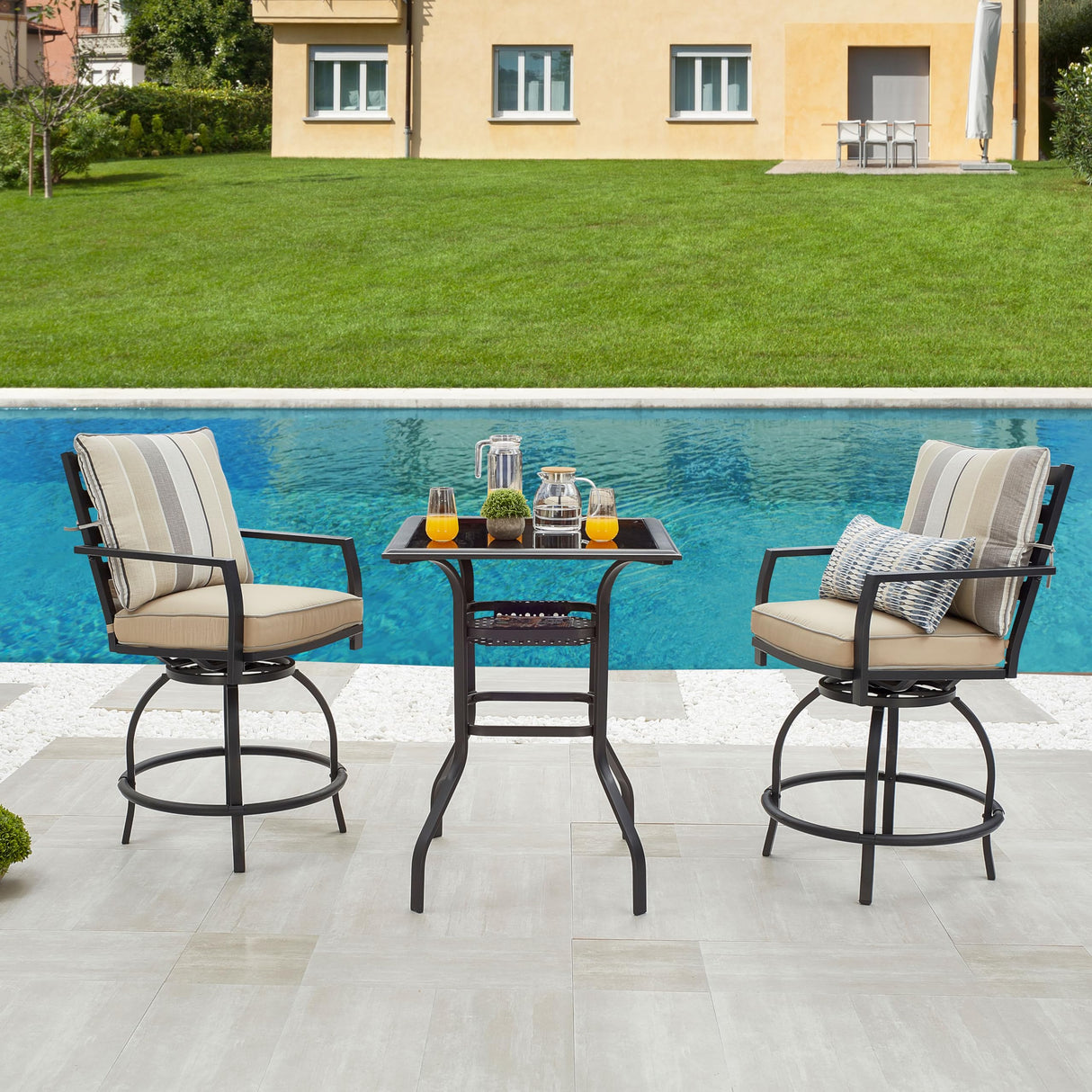 LOKATSE HOME Patio Bar Height 2 Outdoor Swivel Chairs and 1 High Glass Top Table, 3 Piece Bistro Set, Beige