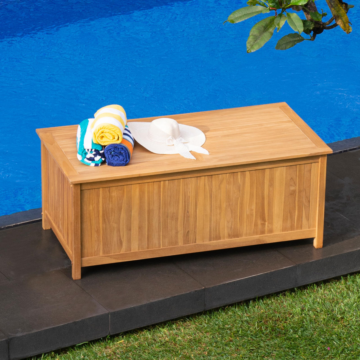 Arie 60 inch Wood Outdoor Deck Storage Box, Natural Teak