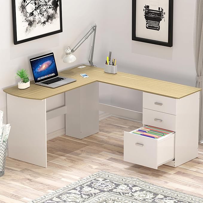 Shaped Home Office Wood Corner Desk with 3 Drawers, Maple