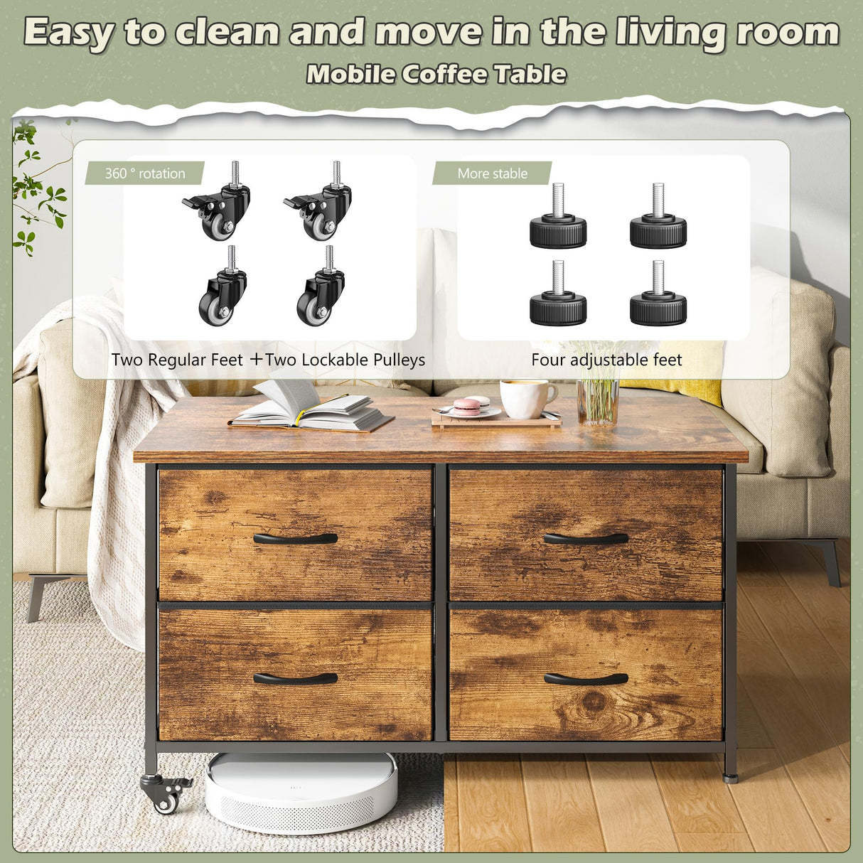 Coffee Table with Storage for Living Room, Rustic Brown Center Table with Drawer