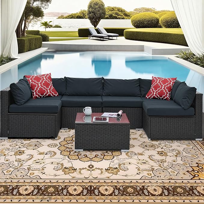 7 Piece Patio Furniture Set, All Weather Outdoor Rattan Wicker