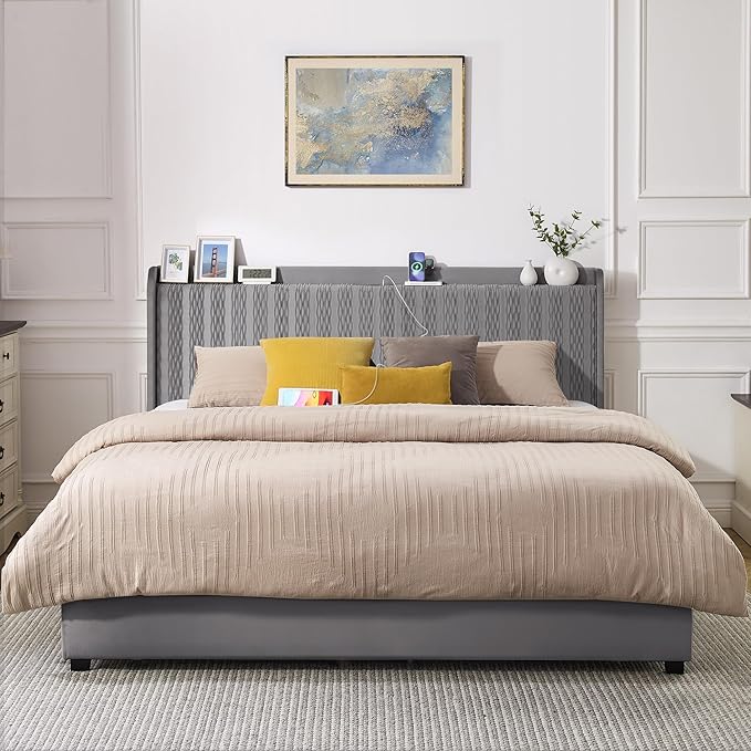 Queen Size Bed Frame, Velvet Upholstered Platform Bed