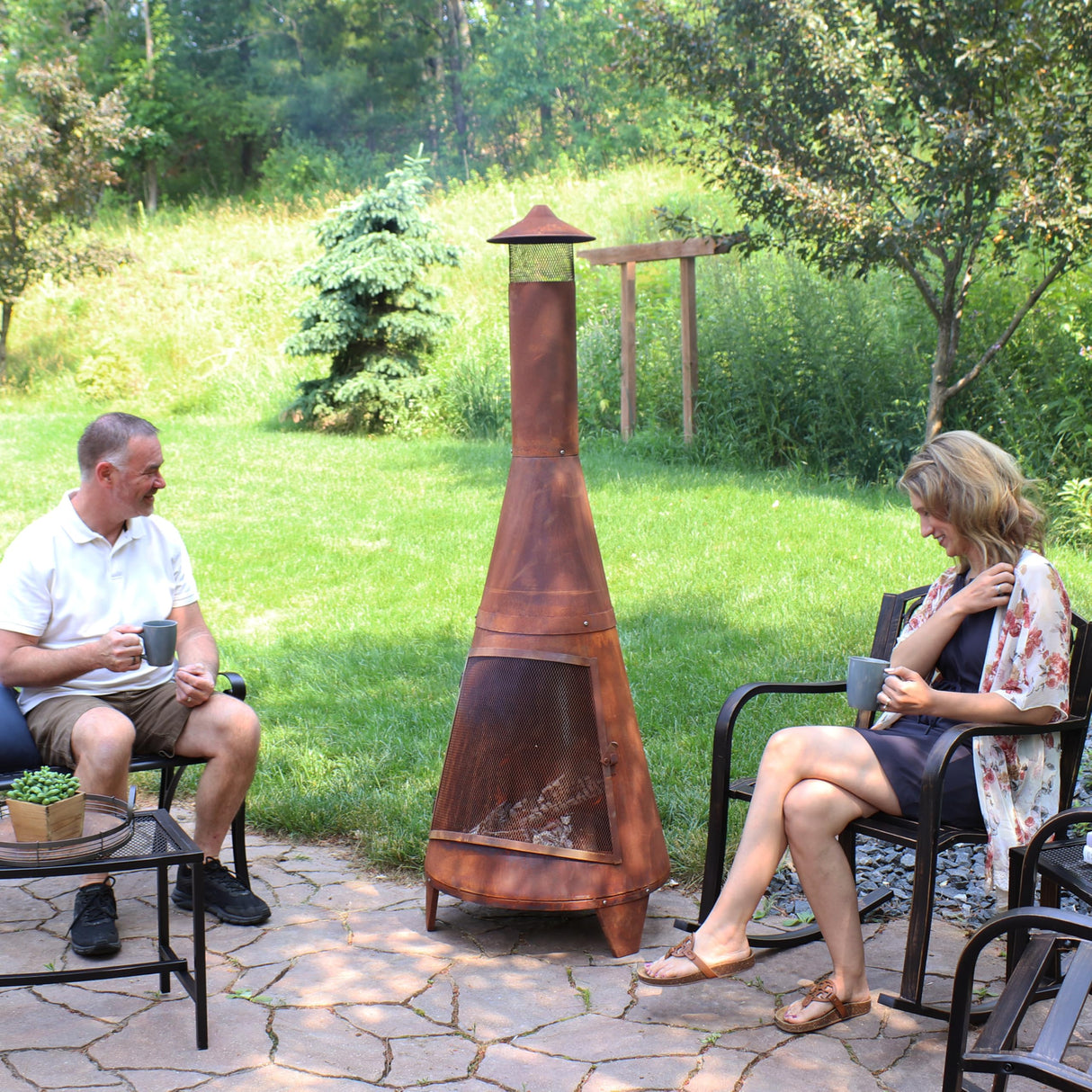 Sunnydaze 70 - Inch Rustic Heavy - Duty Steel Chiminea with Rain Cap and Mesh Spark Screen - Rust Patina Finish - Bircata
