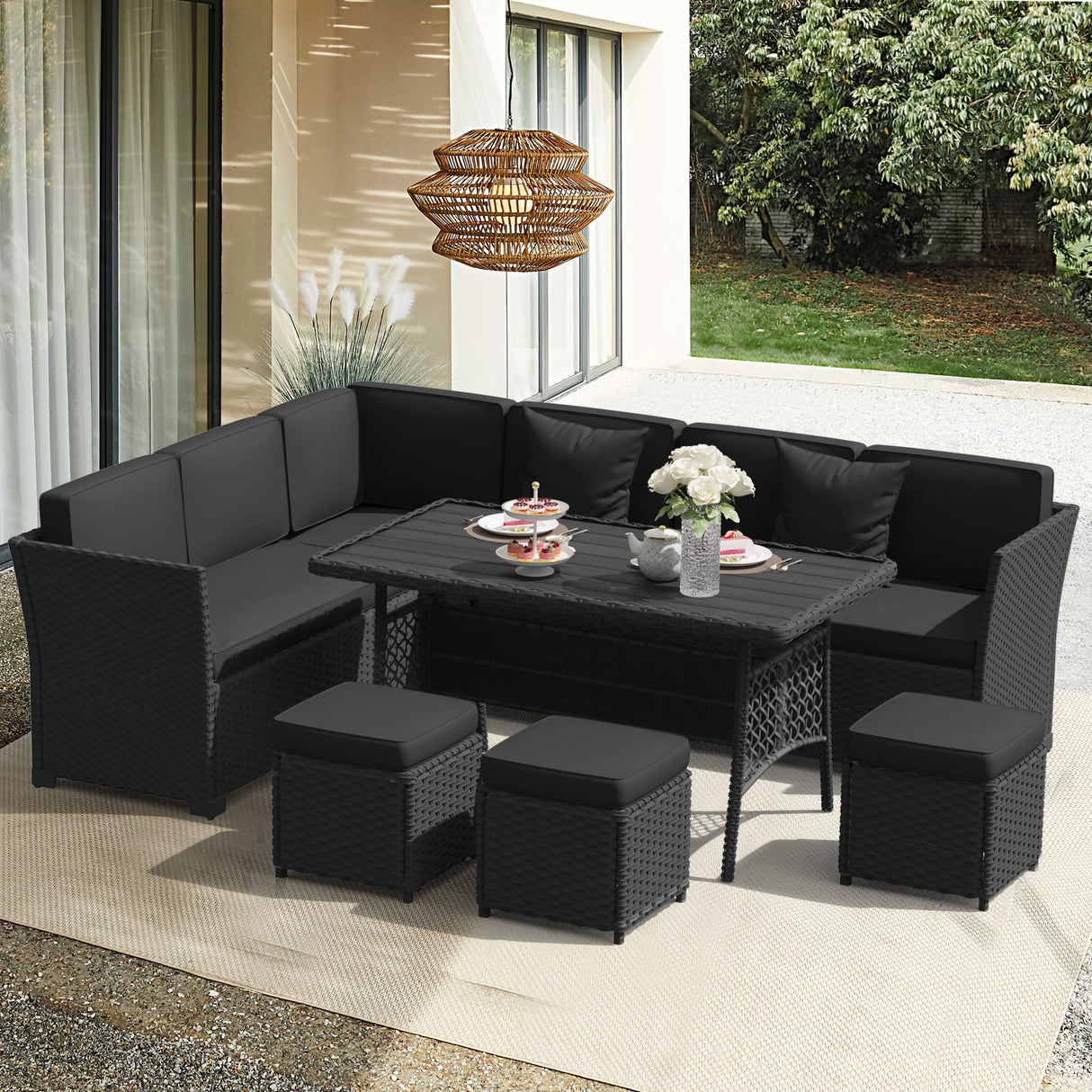Patio Furniture Set, 7 Pieces Outdoor Dining Sets (Black-Black, B-7 Pieces)