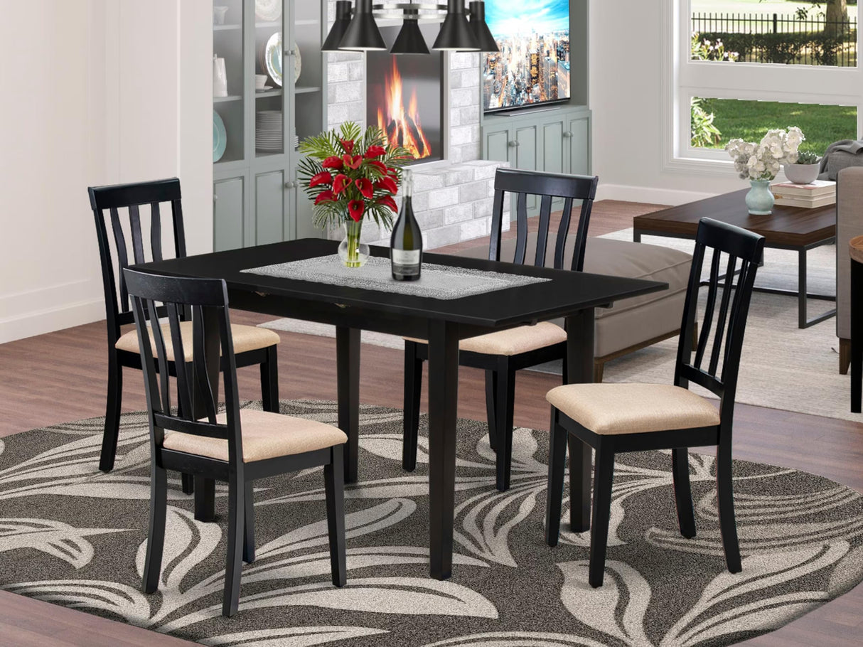 East West Furniture NOAN5-BLK-C 5 Piece Dining Table Set for 4 Includes a Rectangle Kitchen Table with Butterfly Leaf and 4 Linen Fabric Upholstered Chairs, 32x54 Inch, Black