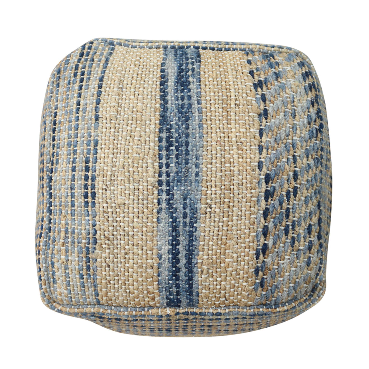 Lola Boho Hemp and Wool Pouf, Natural and Blue