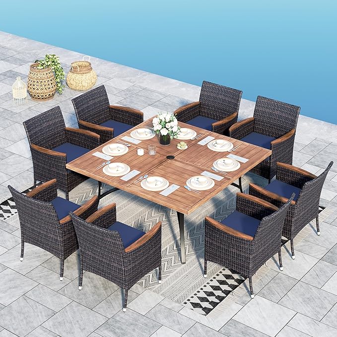 9 Pieces Patio Dining Set for 8, All Weather Square Outdoor Table with Umbrella Hole