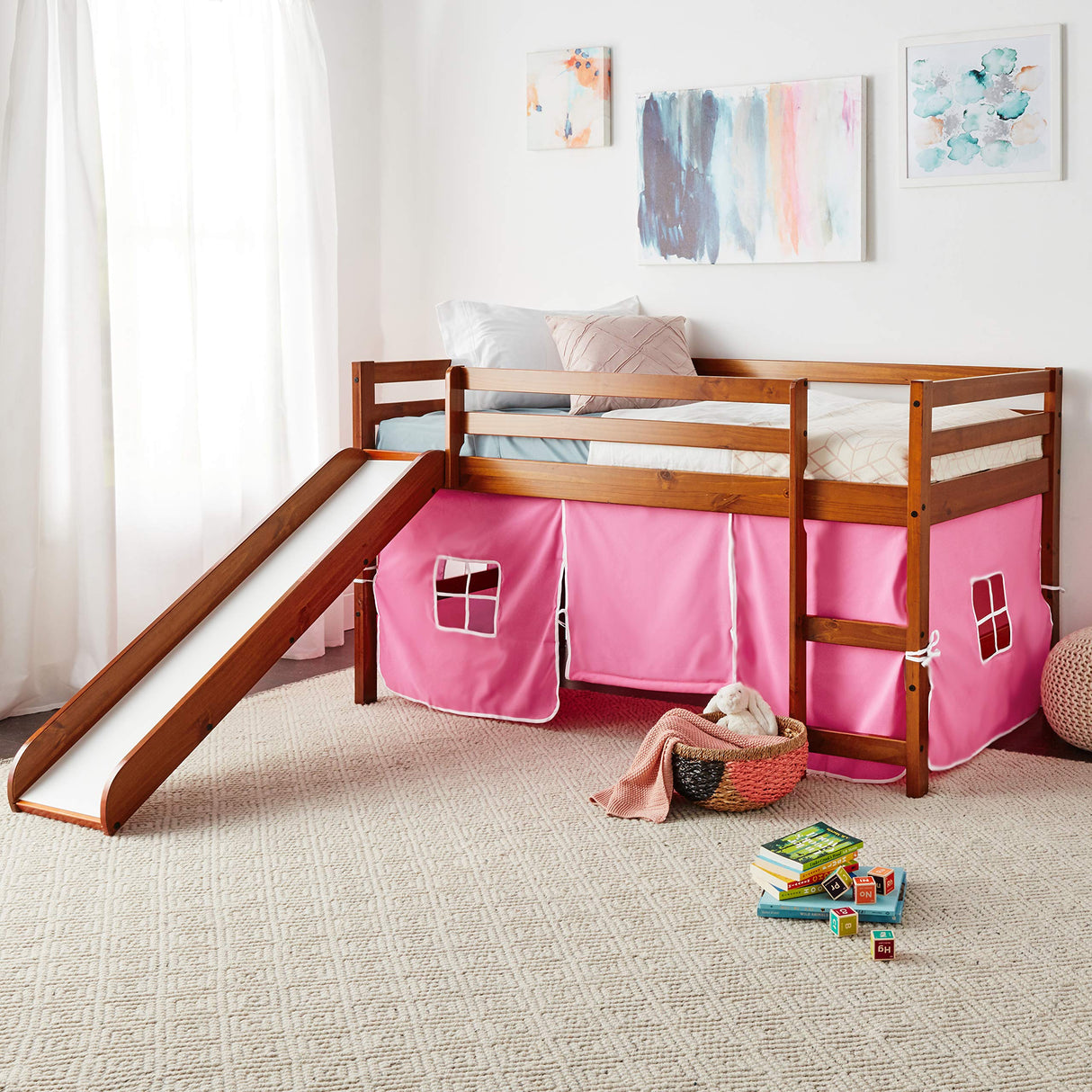 Kids Low Loft Bed with Slide with Tent, Twin, Light Espresso/Pink