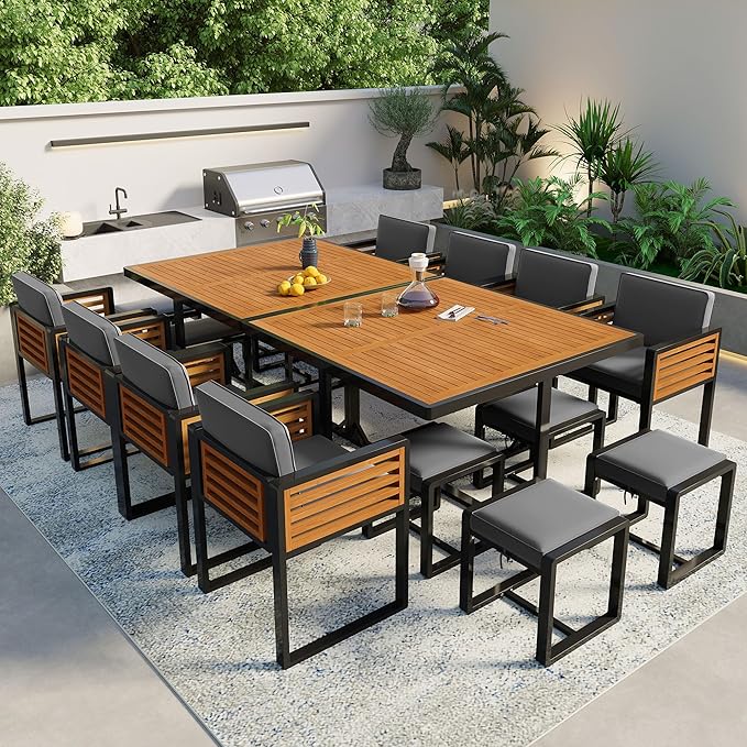9 Pieces Outdoor Dining Set for 8 People, Acacia Wood Patio Furniture Sets