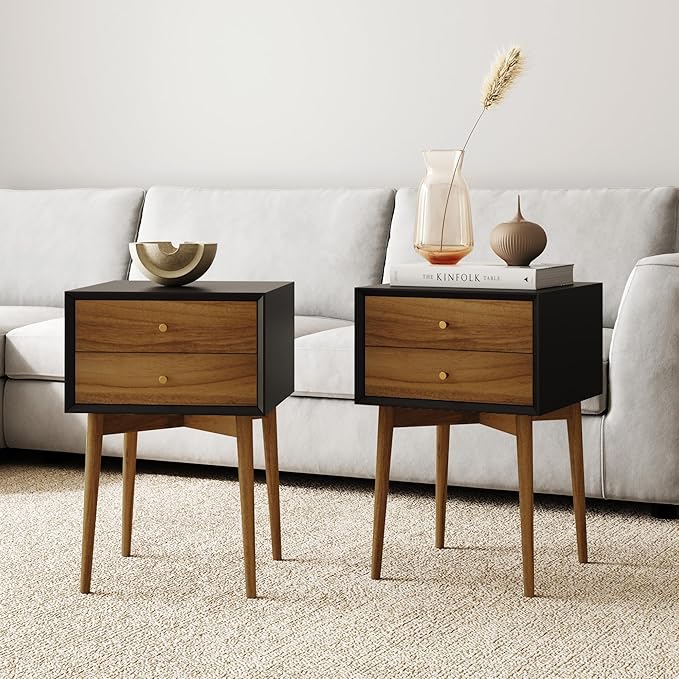 32704 Harper Mid-Century Oak Wood Nightstand with 2-Drawers, Small Side End Table