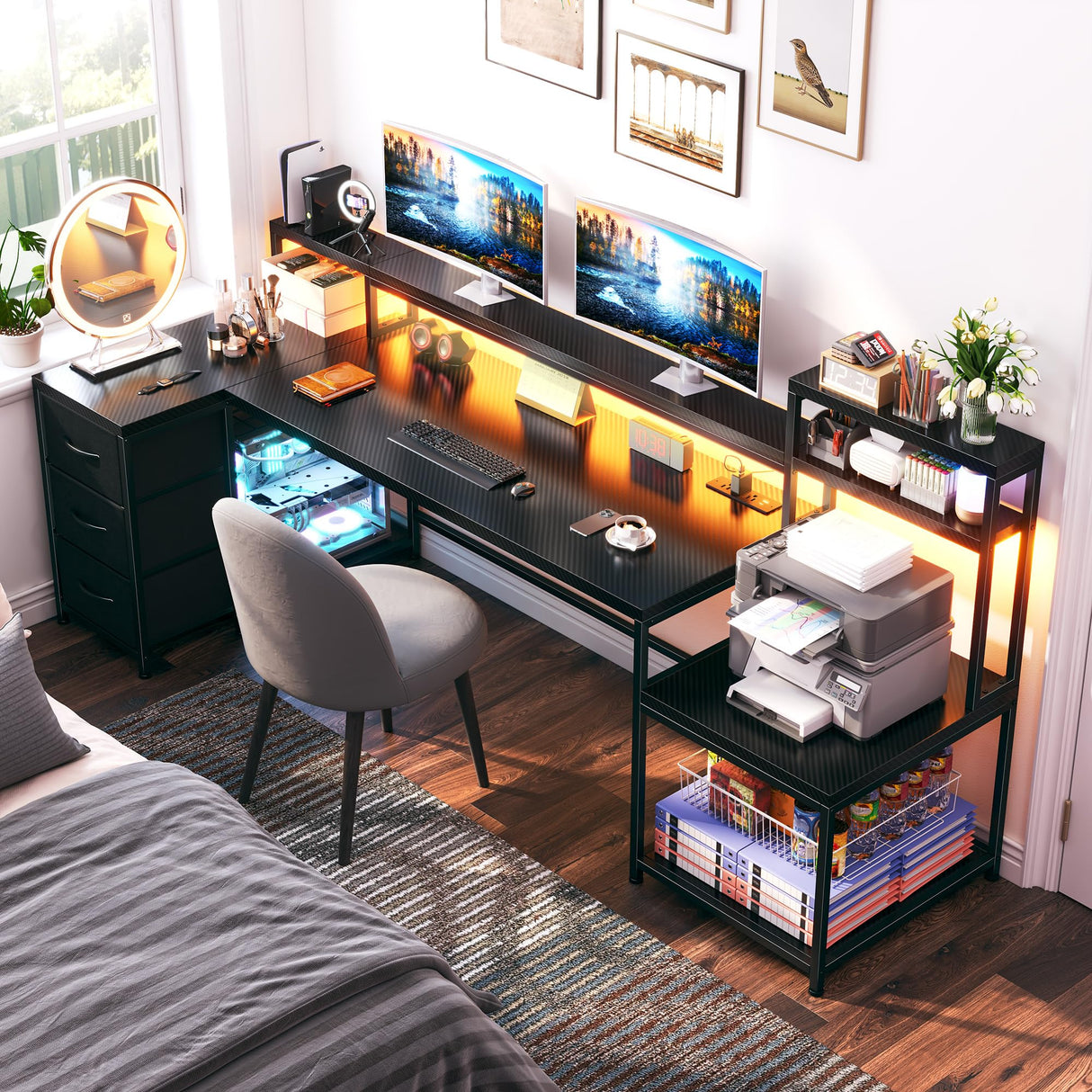 71'W L Shaped Gaming Desk, Computer Desk with Power Outlet & LED Lights