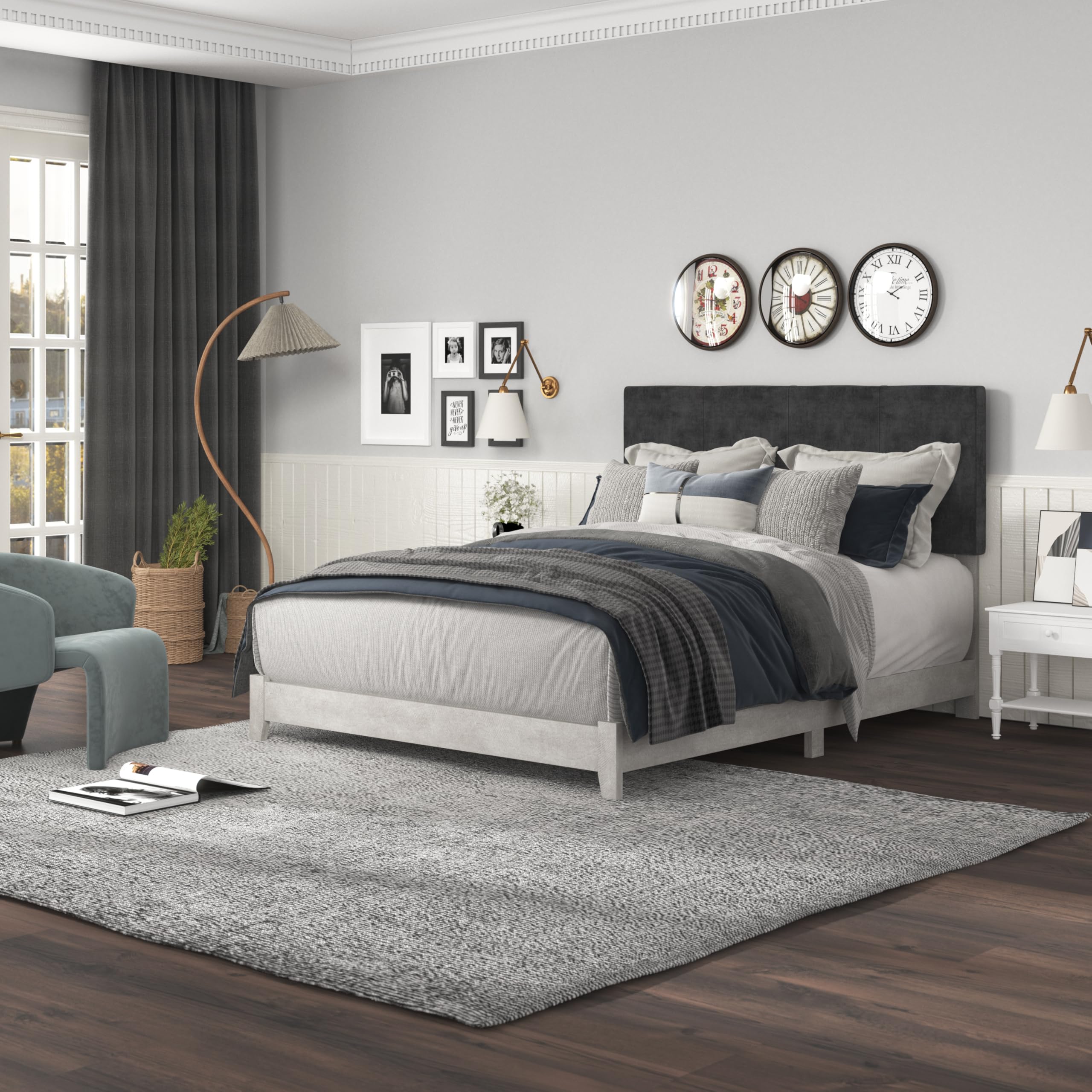 Wood Queen Bed Frame with Velvet Headboard, Wood Slat Support