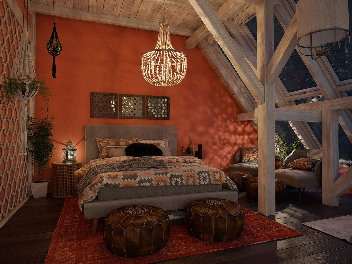 93132BS Dumas 5 Light Wood Bead Chandelier with White Finish, Casual Style, 32" Height