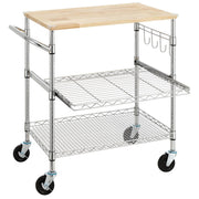 3-Tier Rolling Kitchen Cart with 18" D x 30" W Oak Wood Tabletop, Kitchen Island Cart
