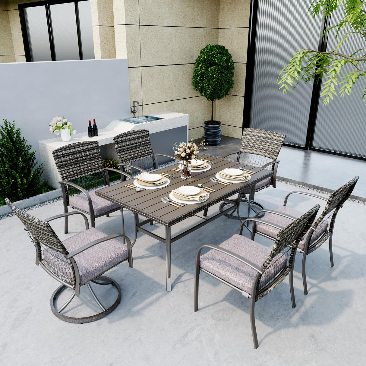 7 Piece Patio Dining Set for 6,Wicker Outdoor Furniture Set for Backyard Garden Deck Poolside