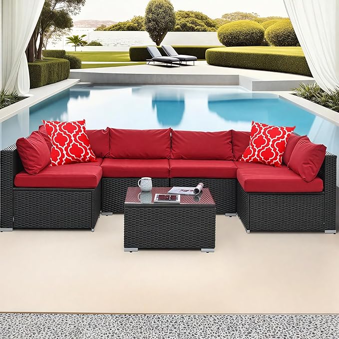 7 Piece Patio Furniture Set, All Weather Outdoor Rattan Wicker