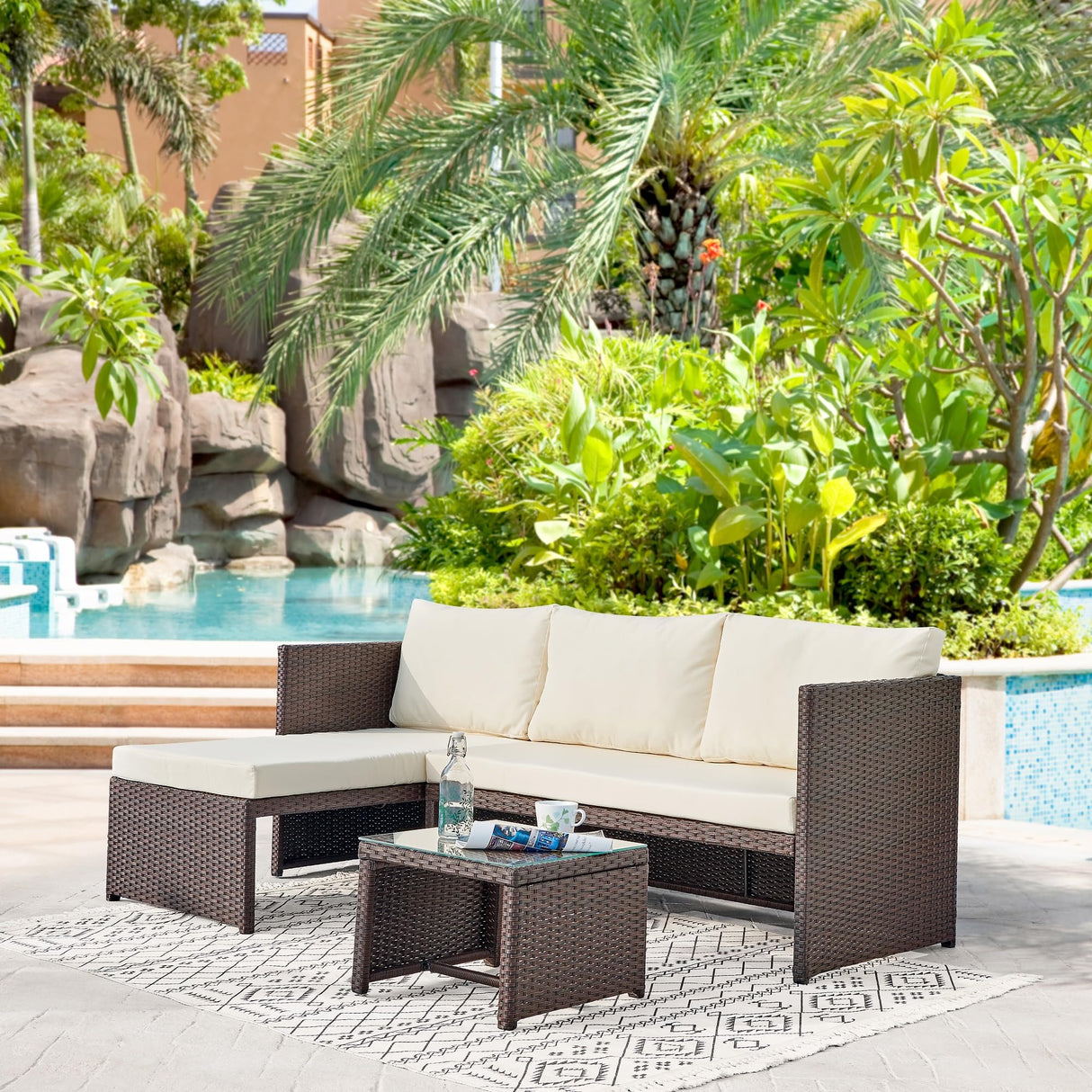 Menton 3-Piece Patio Furniture Set | Chair Lounge and 2-Seater Sofa with Coffee Table