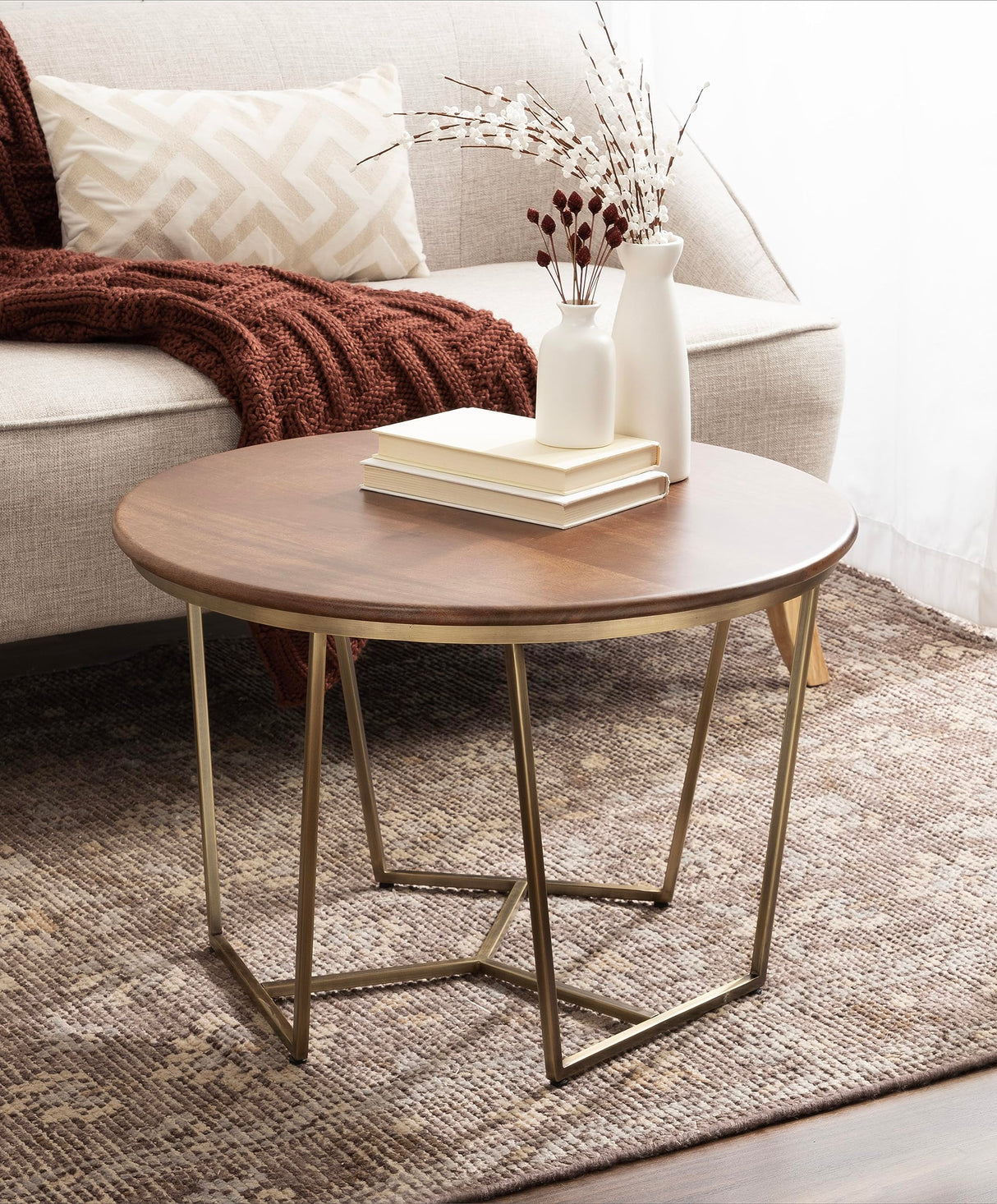 Kate and Laurel Solvay Mid-Century Round Coffee Table, 26 x 26 x 18, Walnut Brown and Antique Brass, Sophisticated Modern Circle Table for Storage and Display