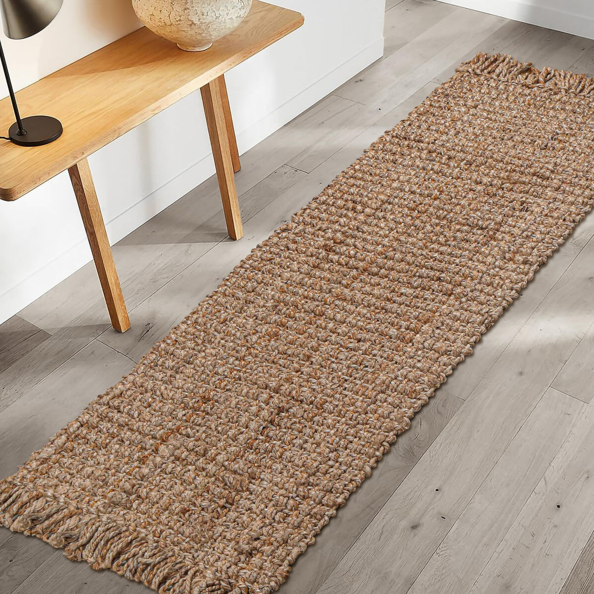 Hand Woven Jute Runner Rug 22"x72" - Natural, Reversible Farmhouse Boho Rustic