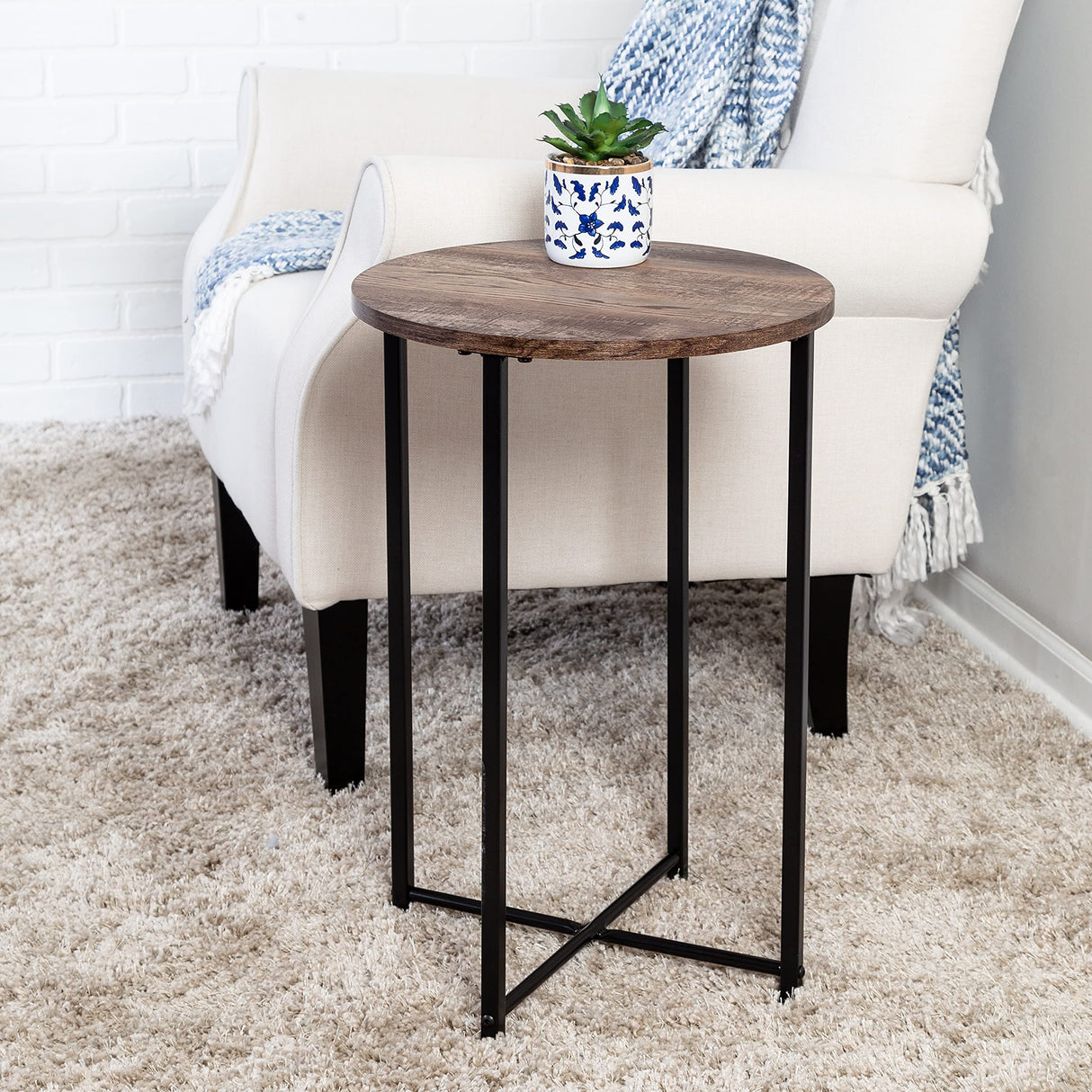 Round Side Table with X-Pattern Base, Natural TBL-09247 Black,20 lbs