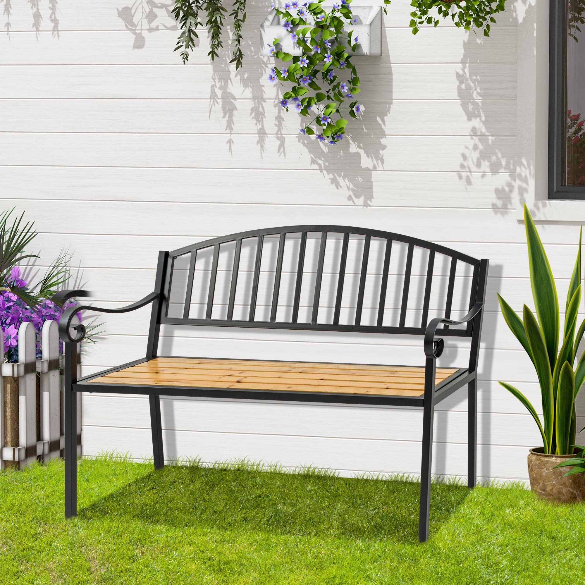 50" Garden Bench, Patio Loveseat with Antique Backrest, Wood Seat and Steel Frame