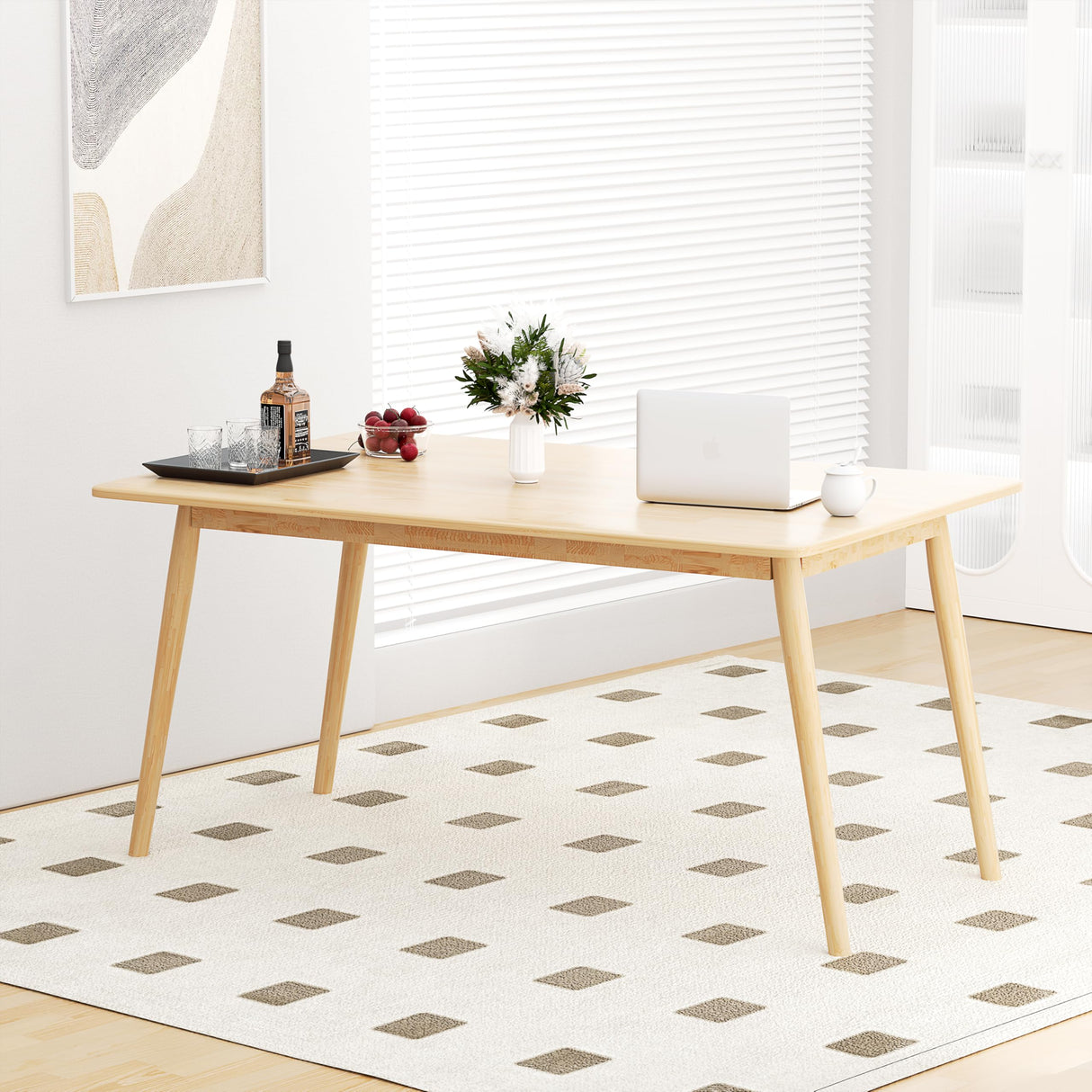 Modern Oak Rectangular Wooden Dining Table 59 Inch Solid Wood Table