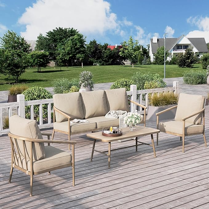 Patio Furniture Set, 2 x Cushioned Swivel Chair, 3-Seat Sofa with Wood Grain Coffee Table