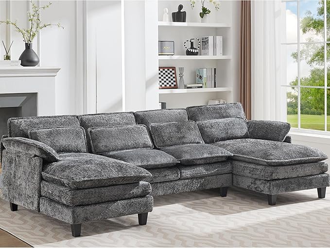 LuxeCloud 110" U-Shaped Sectional Sofa with Ottoman – Deep Grey Plush Cloud Couch