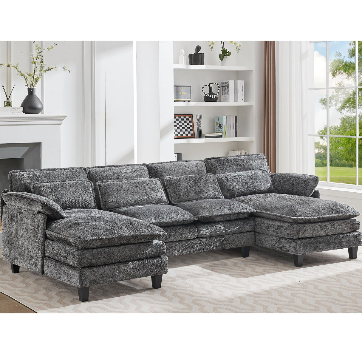 LuxeCloud 110" U-Shaped Sectional Sofa with Ottoman – Deep Grey Plush Cloud Couch