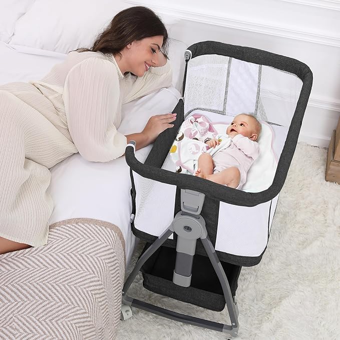 3 in 1 Baby Bassinet Bedside Sleeper with Mattress and Wheels, 5 Height Adjustable Bed