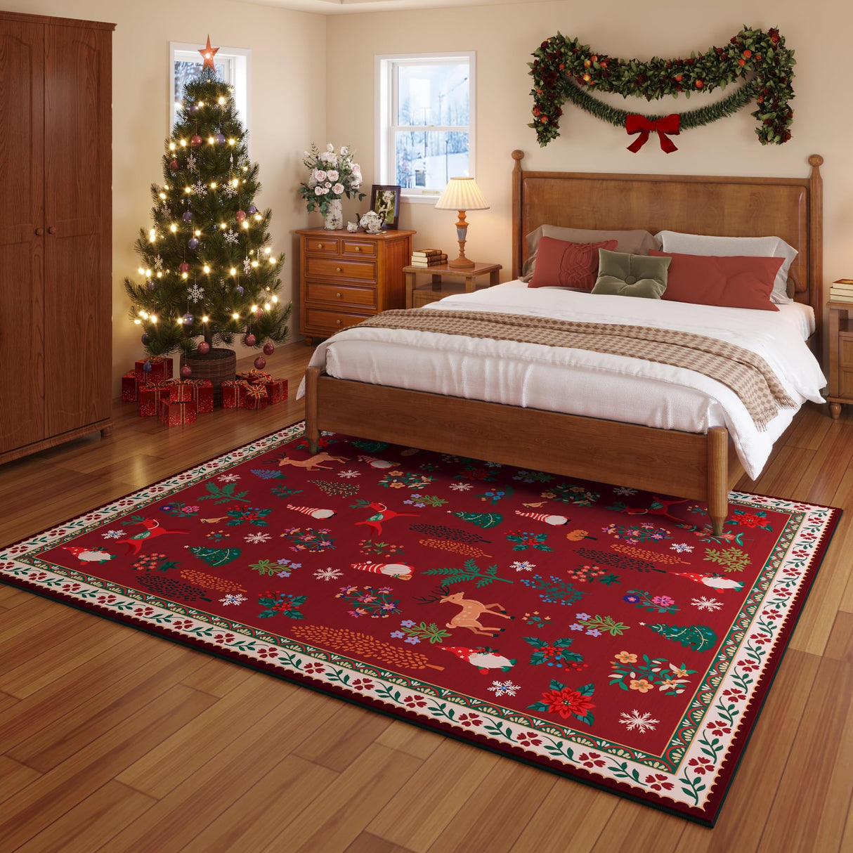 Christmas Rug 8x10 Area Rugs for Living Room Washable Rug Floral Non-Slip Large Rug
