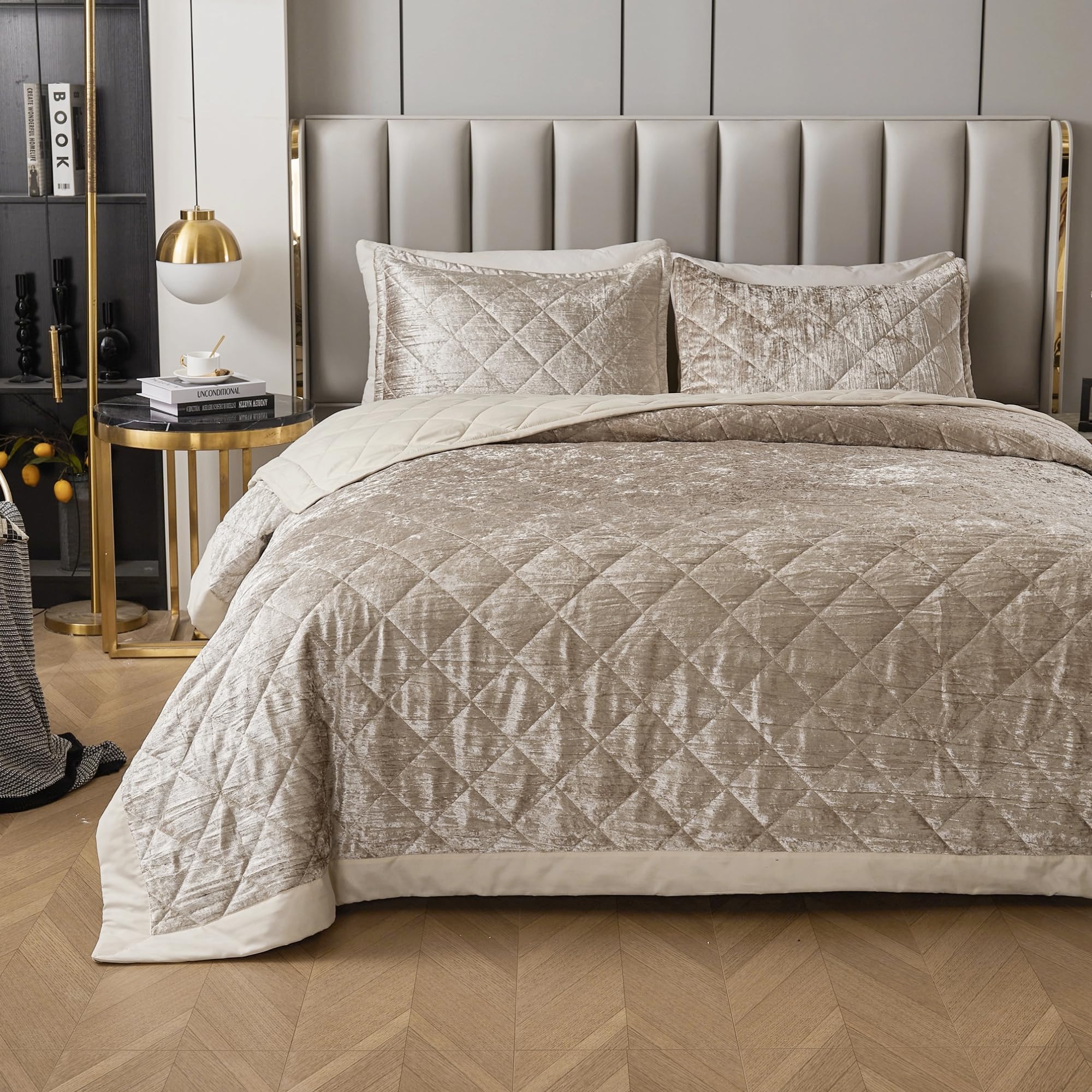 Champagne Korean Velvet Quilt Set California King XL Size (112x104 in)