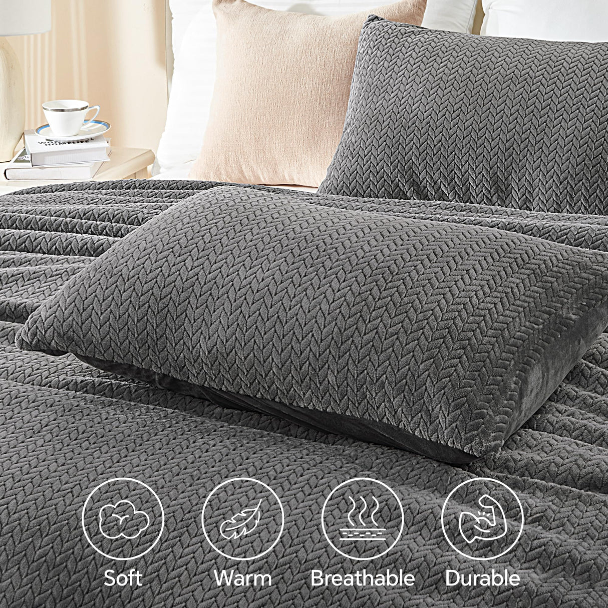 Fluffy Comforter Set - Furry Leaves Pattern Faux Fur Bed Set, Winter Ultra Soft Fuzzy