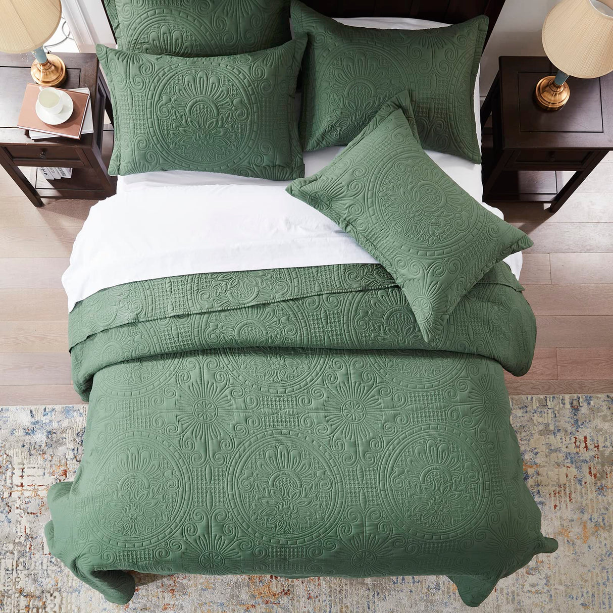 Quilt King Size Bedding Set-Olive Green Embossed, Bedspreads-Lightweight Summer Soft