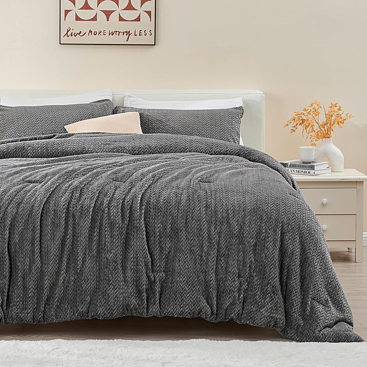 Fluffy Comforter Set - Furry Leaves Pattern Faux Fur Bed Set, Winter Ultra Soft Fuzzy