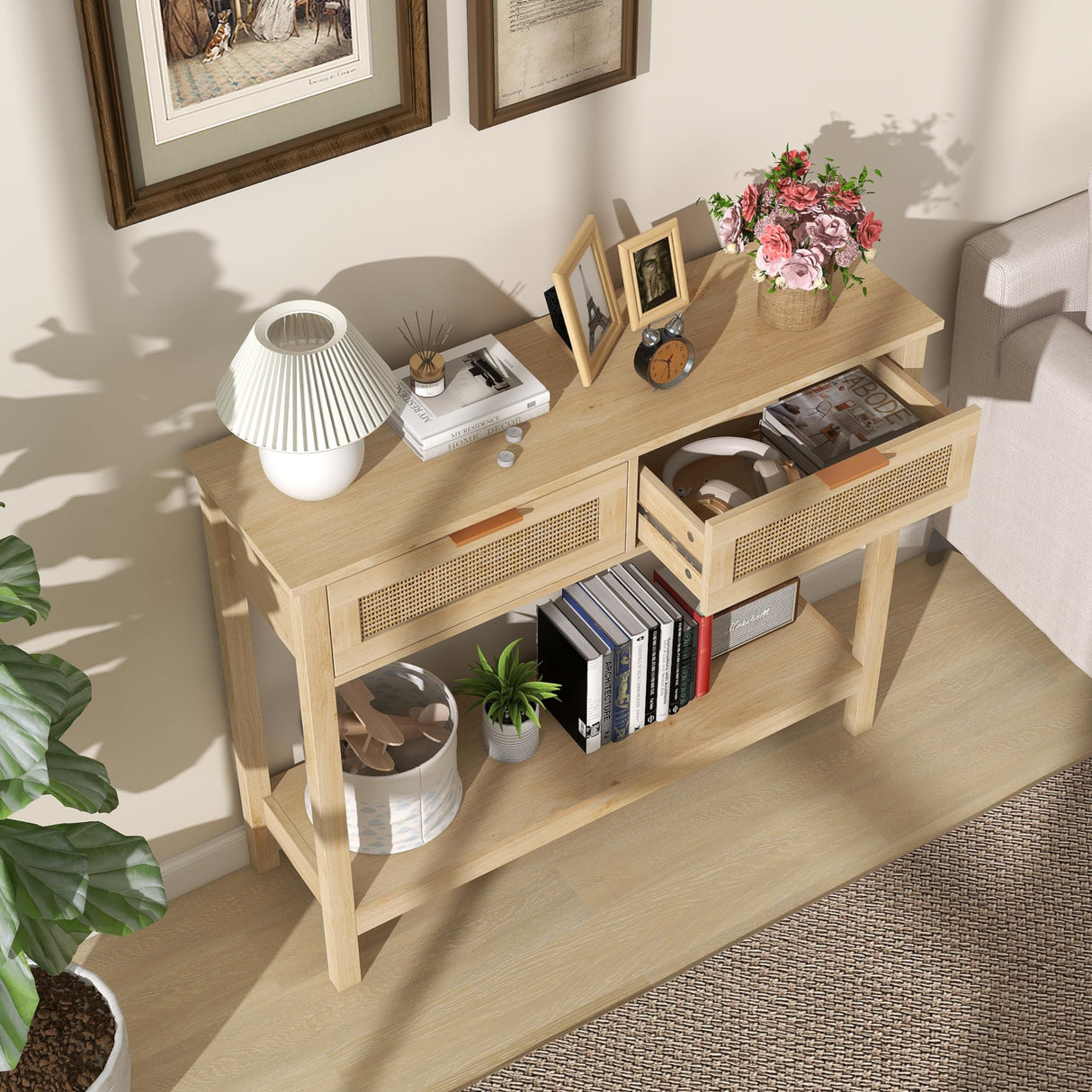 Farmhouse Rattan Console Table with 2 Drawers 2 Tier Boho Narrow Long Sofa Table