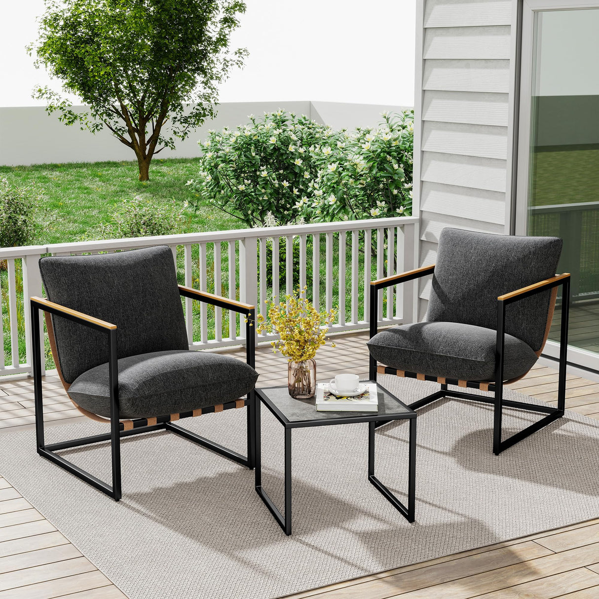 3-Piece Outdoor Patio Bistro Set with Cushioned Metal Chairs & Coffee Table