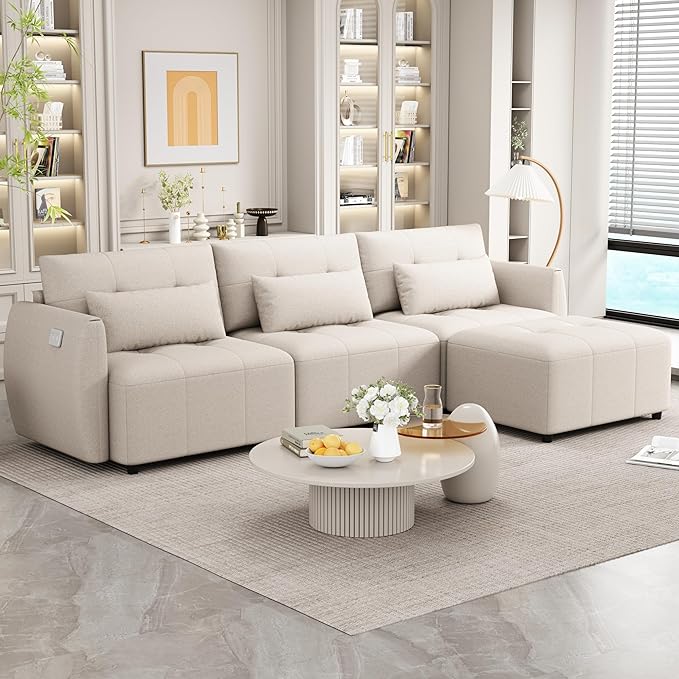 L-Shape Chenille Upholstered Sofa with 5 Pillows, Modern Luxury Sofa