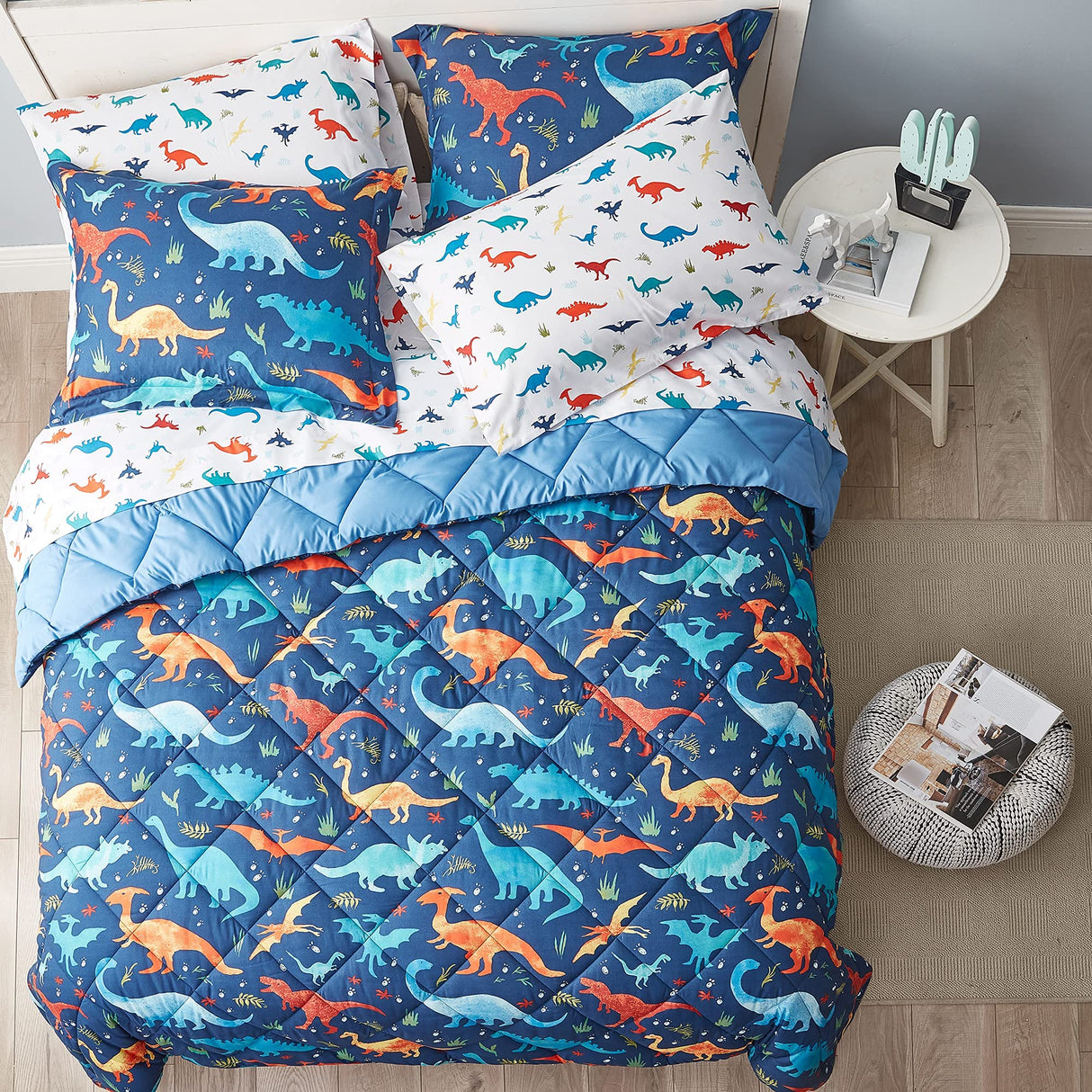 Kids Queen Dinosaur Bedding Set - 7 Piece Comforter Set with Sheets
