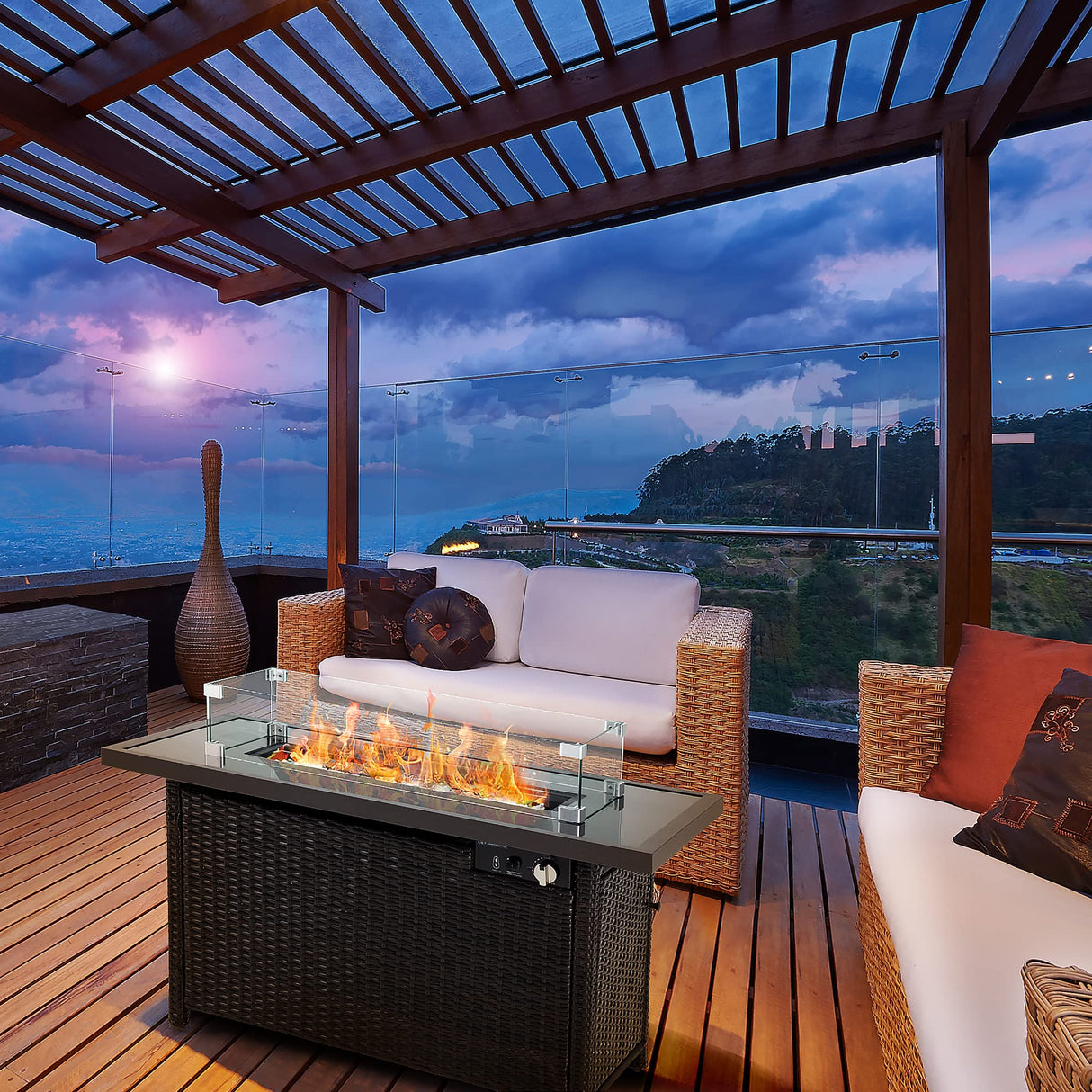 Propane Fire Pits, PAMAPIC 50,000 BTU Auto - Ignition Outdoor Fire Pit Table with Glass Wind Guard,41 Inch Outdoor Fire Tables for Patio Garden Deck Backyard Poolside - Bircata