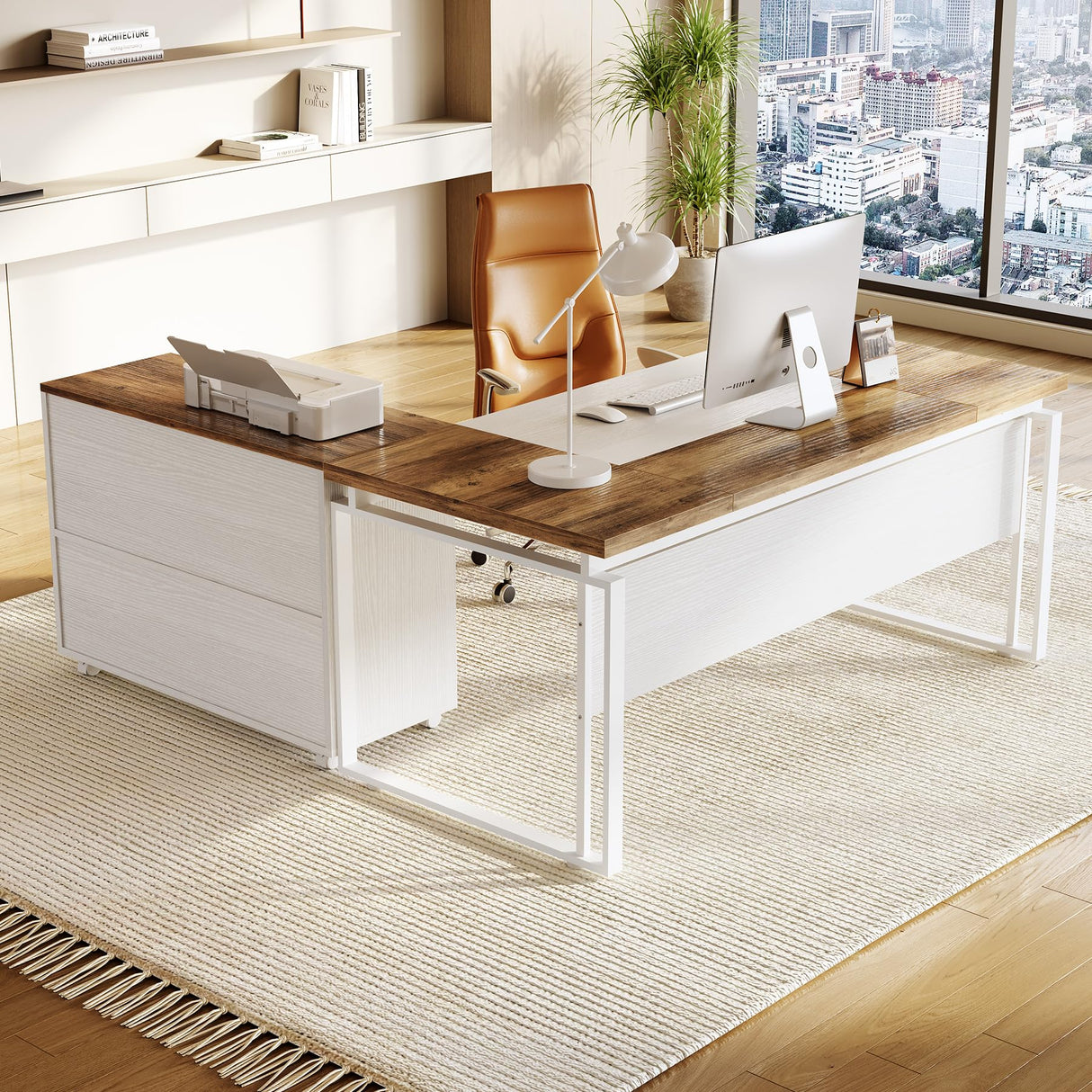 63" L-Shaped Executive Office Desk with Reversible File Cabinet, Large Modern