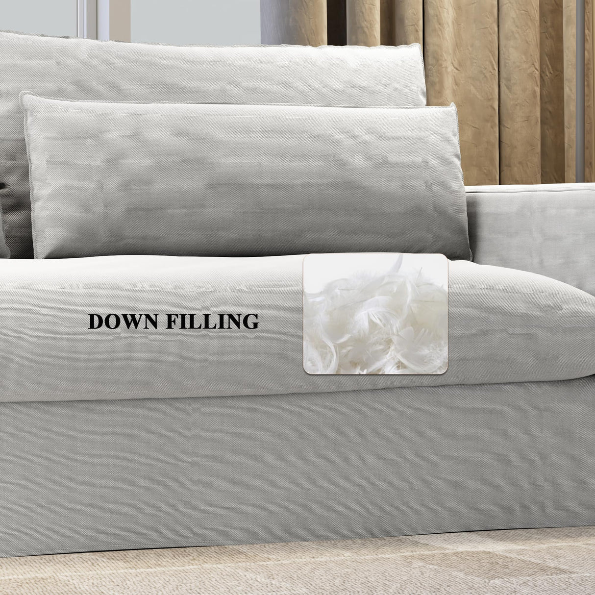 80 Inch Down Sofa Couches for Living Room Linen Fabric 3 Seater Couch